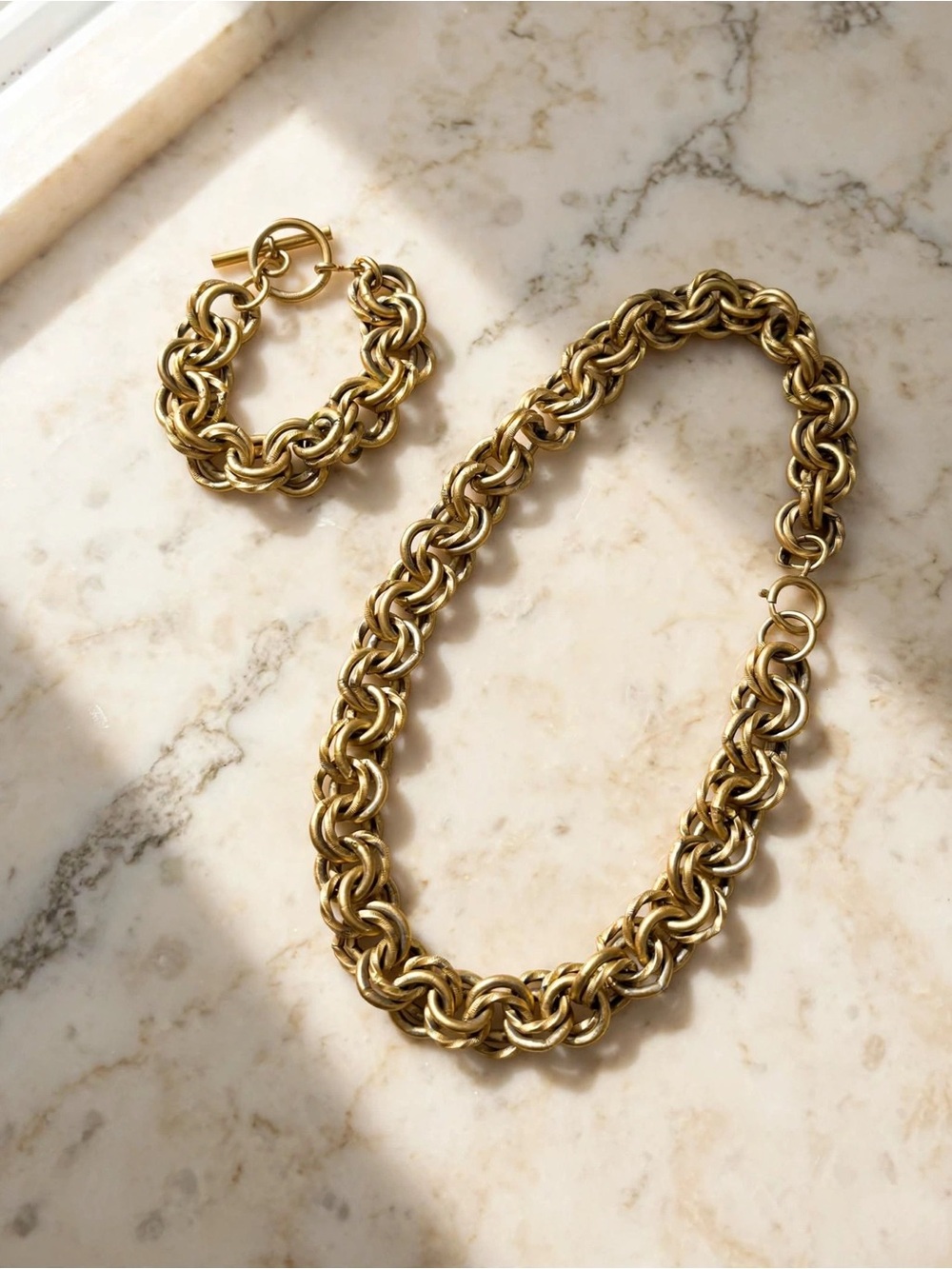Gold Chain Link Necklace and Bracelet Set - Women Jewelry
